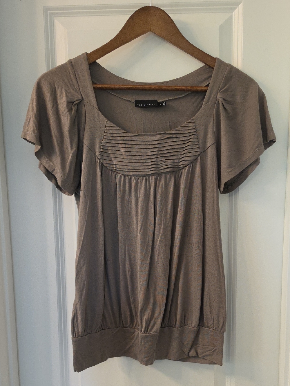 The Limited Taupe Pintuck Scoop Neck Flutter Sleeve Top